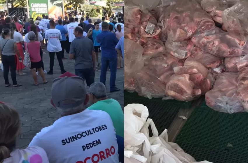  Suinocultores doam carne em protesto contra desvalorização do quilo do porco vivo em SC