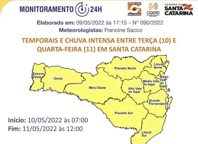  Defesa Civil alerta sobre chuva intensa e temporais entre esta terça e quarta-feira em SC