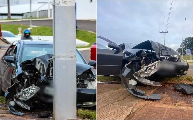  Bateu em poste e fugiu deixando a mulher no carro