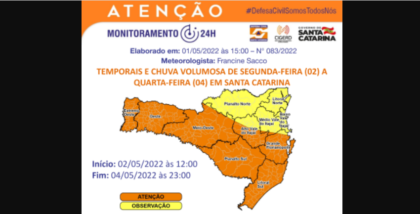  Semana será de tempo chuvoso em SC