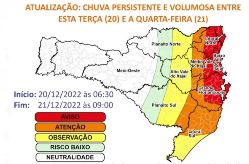  Chuva persistente em SC deve continuar até a manhã desta quarta-feira