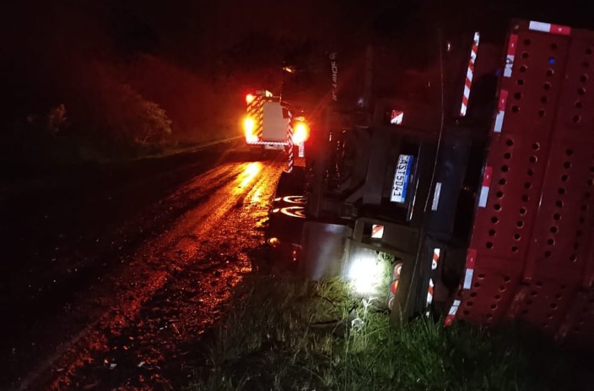  Carro com duas crianças a bordo colide em carreta tombada