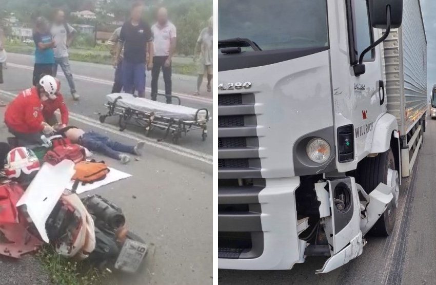  Morte na BR-280; moto e caminhão batem de frente