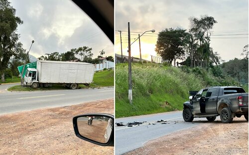  BR – 280: Caminhão colide com caminhonete e depois bate em poste