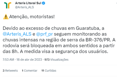 SEGURANÇA: BR-376 (PR) será bloqueada nesta terça-feira (18)