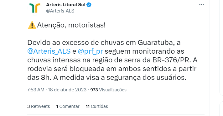 SEGURANÇA: BR-376 (PR) será bloqueada nesta terça-feira (18)