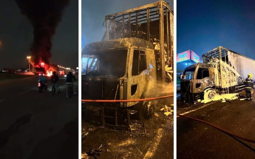 Caminhão é destruído por incêndio na madrugada desta quarta-feira