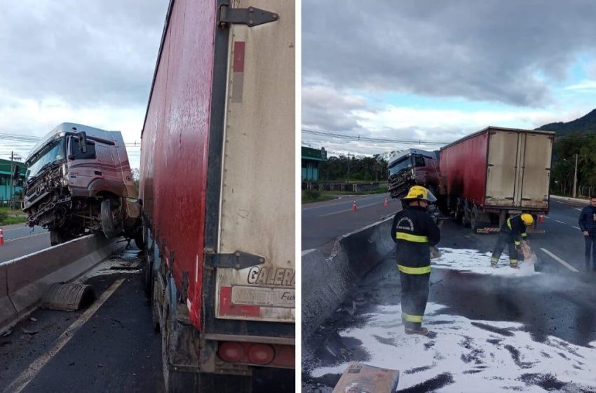  Acidente fere caminhoneiro e causa filas na BR-470