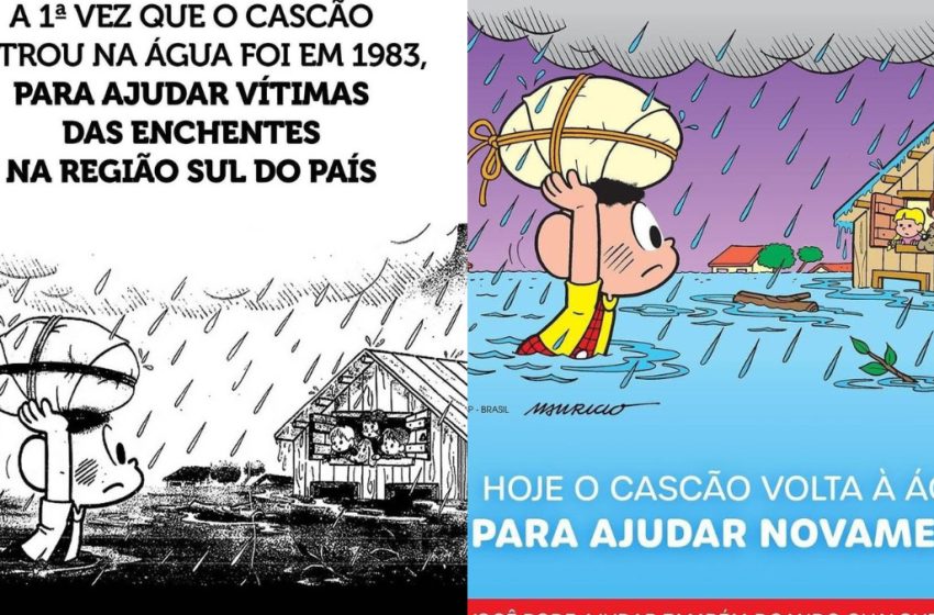  Turma da Mônica repete gesto feito na enchente de Blumenau e Cascão entra na água pelo RS