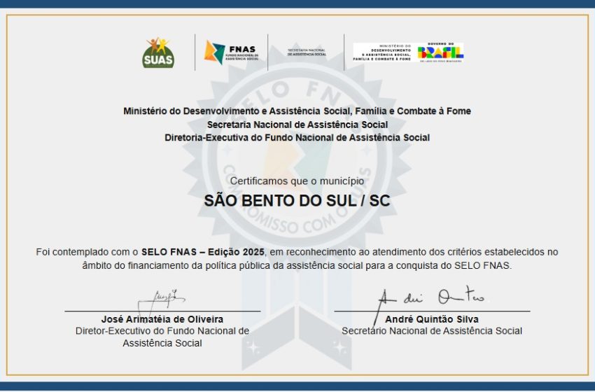  São Bento do Sul conquista selo nacional e se destaca na Assistência Social